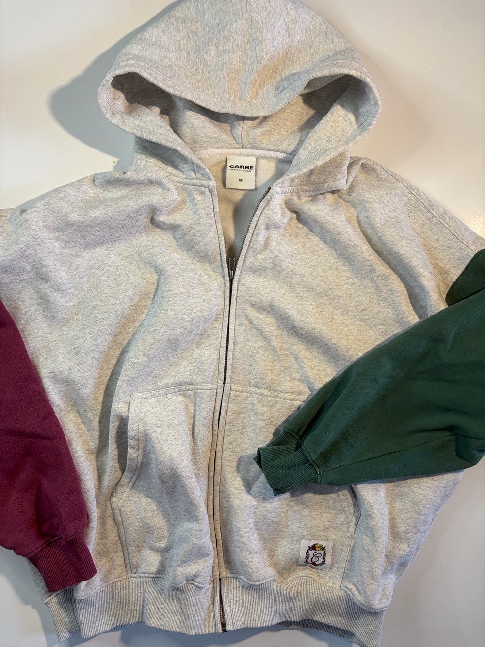 Hooded Zip-Up Sweater Jacket - Light Gray with Green & Burgundy Sleeves